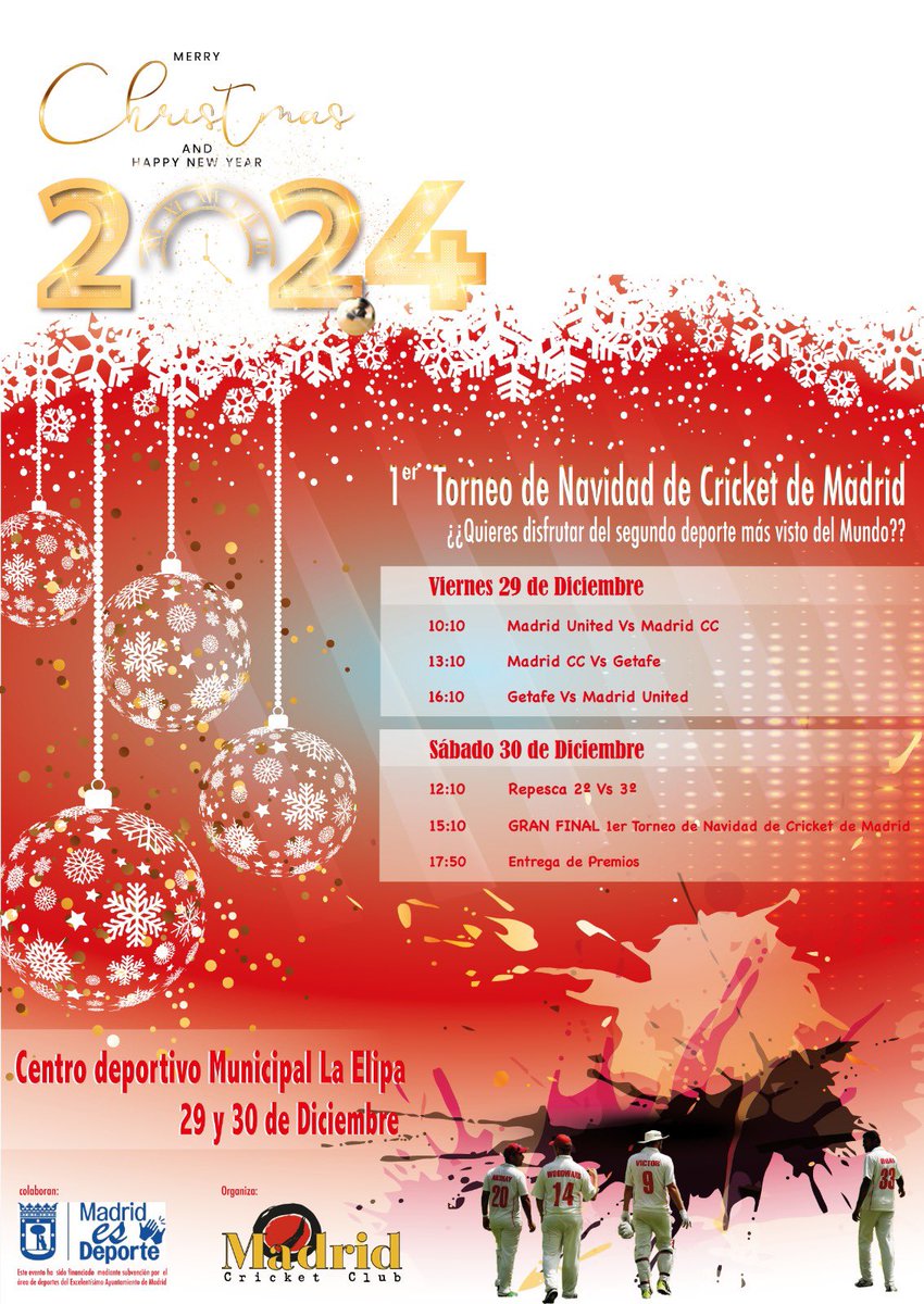 Mañana viernes, empieza el primer torneo de navidad de cricket en el Centro Deportivo La Elipa. #madridesdeporte #cricket