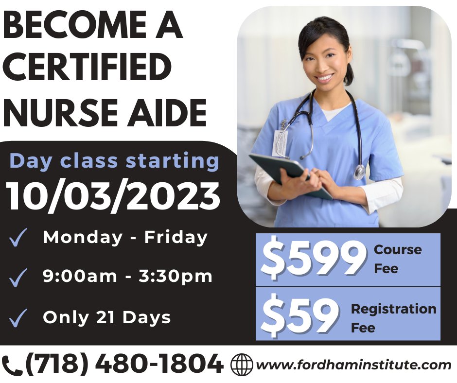 FordhamInstinc's tweet image. 📅 Mark your calendars because our Certified Nursing Assistant (CNA) Day Class kicks off on January 4th! 🏥✨

Call (718) 480-1804

Location: 9827 Jamaica Avenue, Woodhaven, NY, 11421

Visit our website: fordhaminstitute.com

#CNAClass#CNAProgram #21DaysToSuccess