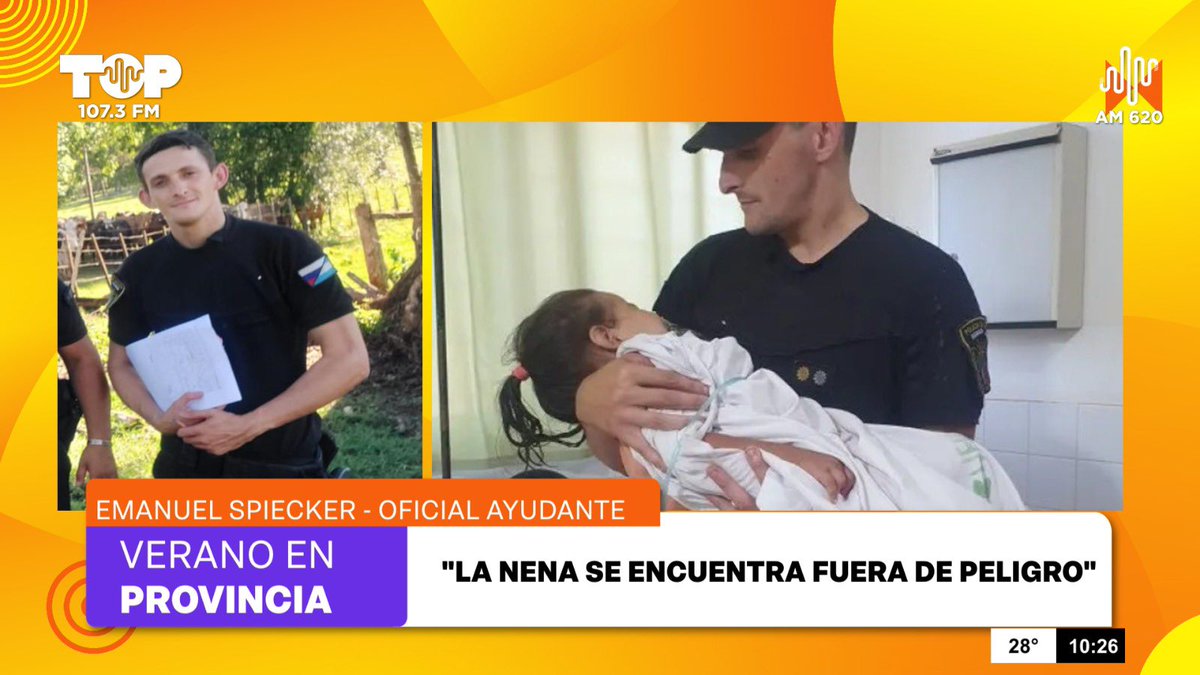 👮🏻‍♂️Emanuel Spieker, uno de los policías héroes, salvó la vida a una nena de 2 años en Andresito 
🗣️ “Gracias a las maniobras de RCP y Heimlich, pudimos reanimarla tras rescatarla sin signos vitales de las aguas del A° El Doce”, relató el Oficial Ayudante.
✅Su evolución es buena