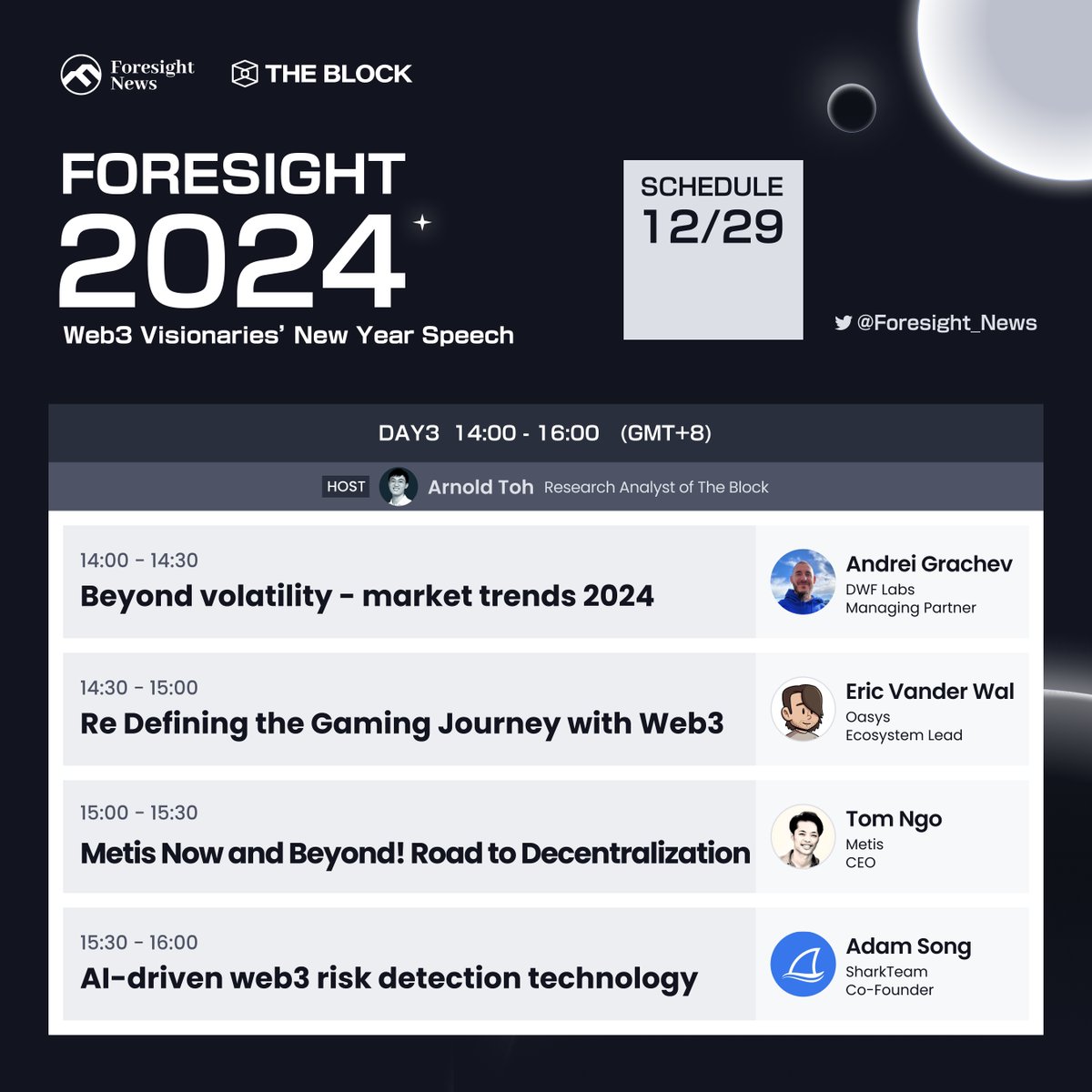 ForesightNewsEN's tweet photo. 🌟FORESIGHT2024: Web3 Visionaries' New Year Speech
⌚️Dec.29th, 2PM-4PM GMT+8
👏Host @rnotoh 
👬Speakers @ag_dwf @TheVanderWal @tomngodefi @sharkteamorg 
💬https://t.co/vq4TDkw2OQ https://t.co/CT3V8xxWY9