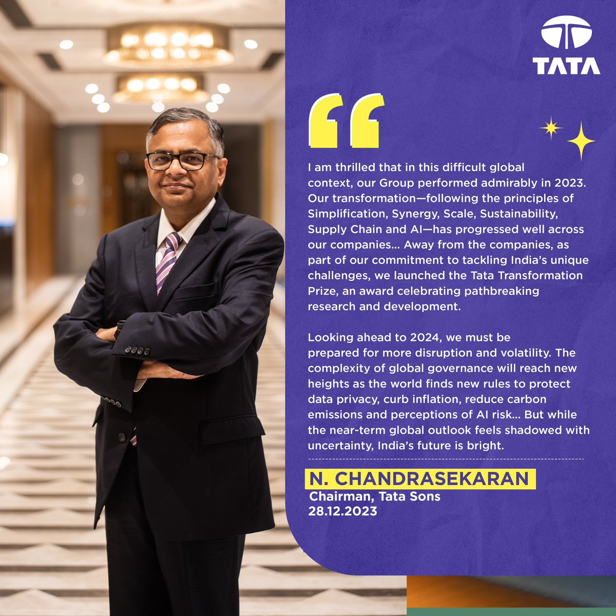 TataCompanies's tweet photo. Message from our Chairman N. Chandrasekaran for the New Year 2024: https://t.co/e1iX3IsGYv. #ThisIsTata https://t.co/0r2mUTyCon