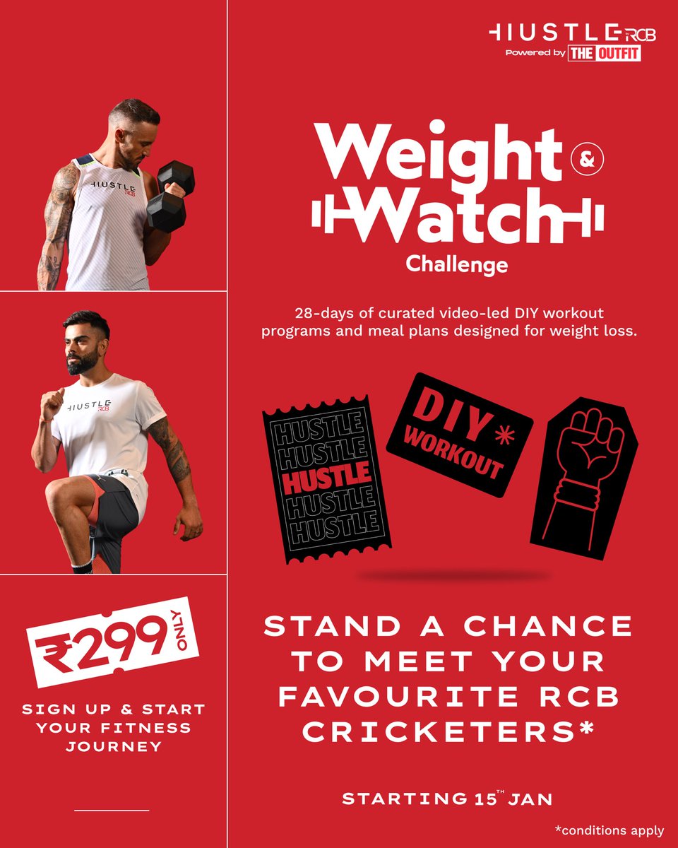HustleByRCB's tweet photo. The Weight &amp; Watch Challenge 2024 is here 💪🔥
Ace the challenge &amp; meet RCB Cricketers during #IPL2024.
@RCBTweets 

To Subscribe:

https://t.co/RmXVxazBdc

*T&amp;C Apply

#PlayBold #Fitness #Workout #DIY
#HomeWorkouts #OnlineWorkouts #RCB #WeightAndWatch #RCBChallenge
#NewYearNewMe https://t.co/IYK2J1eJEZ