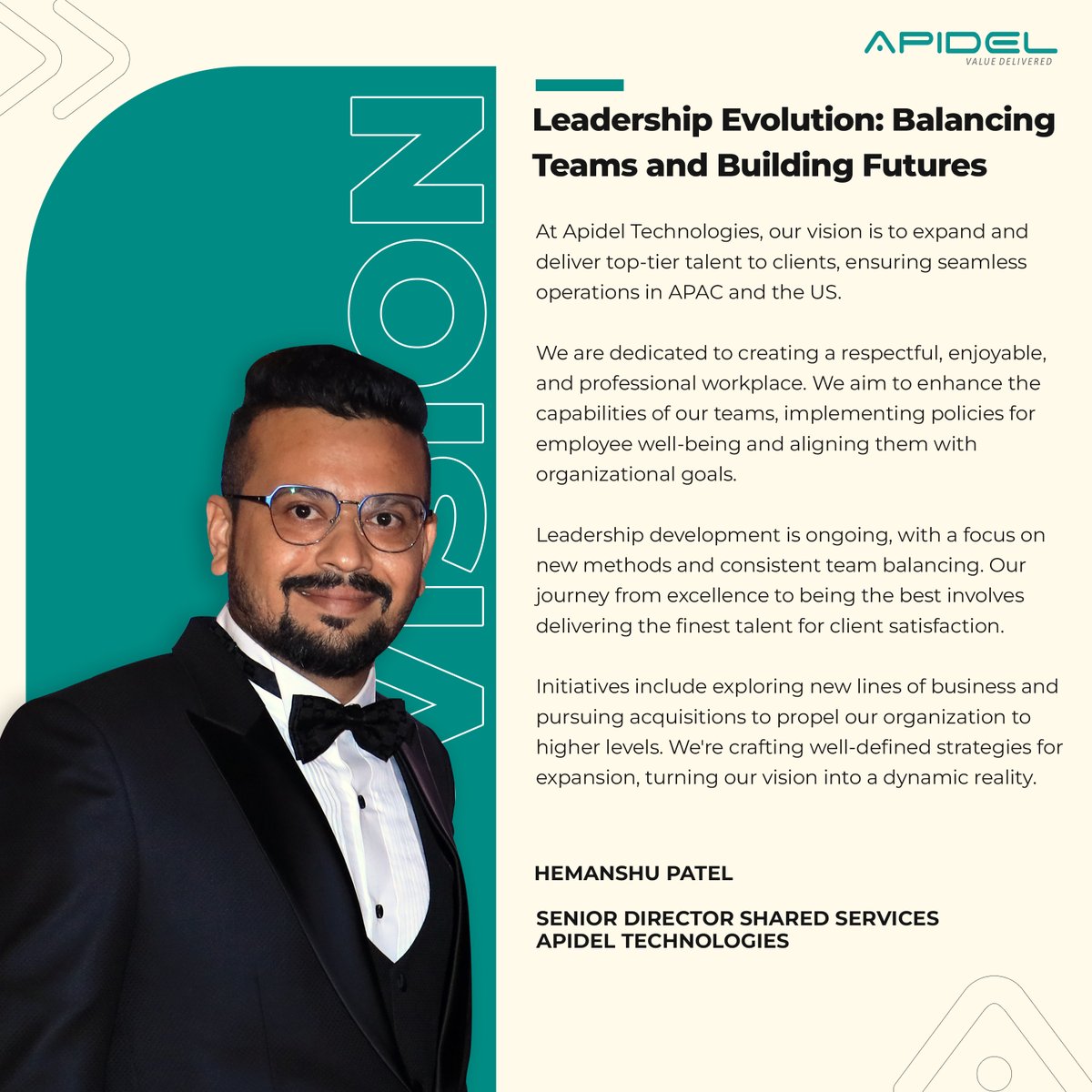 ApidelTech's tweet photo. Our Senior Director of Shared Services, Mr. Hemanshu Patel, envisions a future of Leadership Evolution, where teams are balanced, and futures are built.
#Staffing #Staffingsolutions #ApidelTechnologies #ManagementView #Vision https://t.co/xLuTBb4LGx