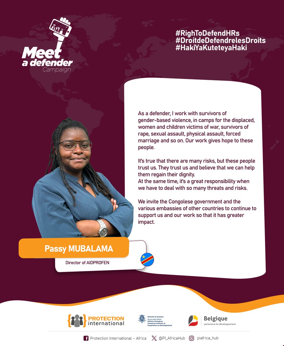 PI_AfricaHub's tweet photo. La défenseure du jour, @PassyMubalama , invite le Gouvernement congolais ainsi que les partenaires internationaux à continuer d' appuyer et soutenir le travail des #DDHs afin qu'il ait plus d'impact.

#DDH
#DroitsdeLhomme
#EspaceCivique https://t.co/zmwj3ljjfb