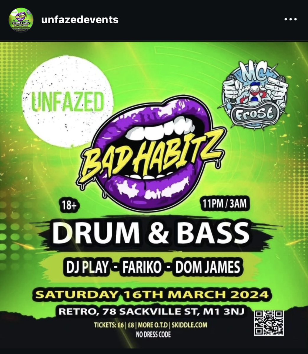 JaneLaura321's tweet photo. Show me your bass face 🤪 
What? @UnfazedEvents Drum &amp; Bass night 🔊 
When? 16th March 2024
Where? Retro, Sackville St, Manchester 📍 
Grab your tickets over at @skiddle earlybirds &amp; 2-4-1 are on now but going fast 💨  #manchester #drumandbass #bassface #Retro #jungle #Local https://t.co/t8I86CZAus