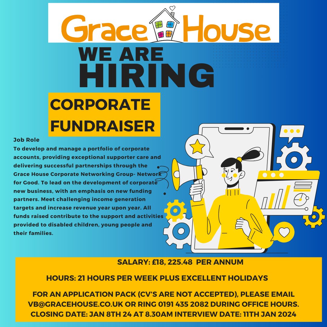 Looking for a new opportunity this year? Join our team as a corporate fundraiser! See all the details below. For an application pack, please email VB@gracehouse.co.uk (CV's not accepted) or call 0191 435 2082 #fundraising #newyearnewjob #Corporate #charity #Recruiting #hiring