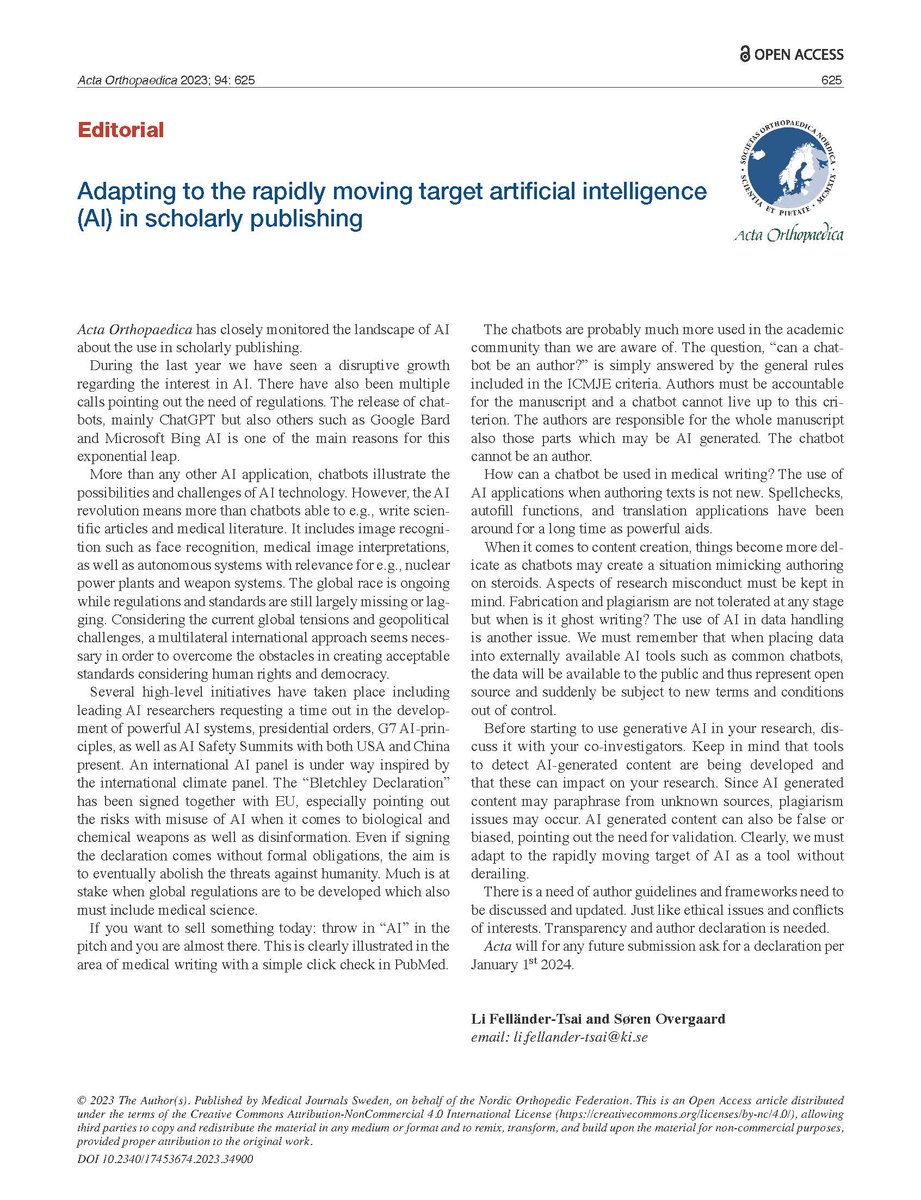 ActaOrt's tweet photo. New Editorial: Adapting to the rapidly moving target artificial intelligence (AI) in scholarly publishing
by Li Felländer-Tsai and Søren Overgaard
Available: https://t.co/5YAujEnCYH https://t.co/fckoVIhRIH