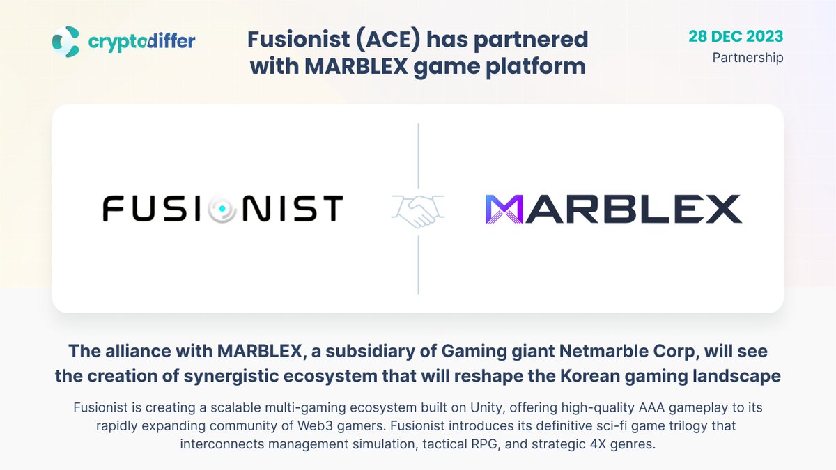 ❗️@Fusionistio $ACE has partnered with @MARBLEXofficial game platform The alliance with MARBLEX, a subsidiary of Korean Mobile Gaming giant Netmarble Corp, will see the creation of a synergistic ecosystem that will reshape the Korean gaming landscape. 👉 accesswire.com/820136/fusioni…