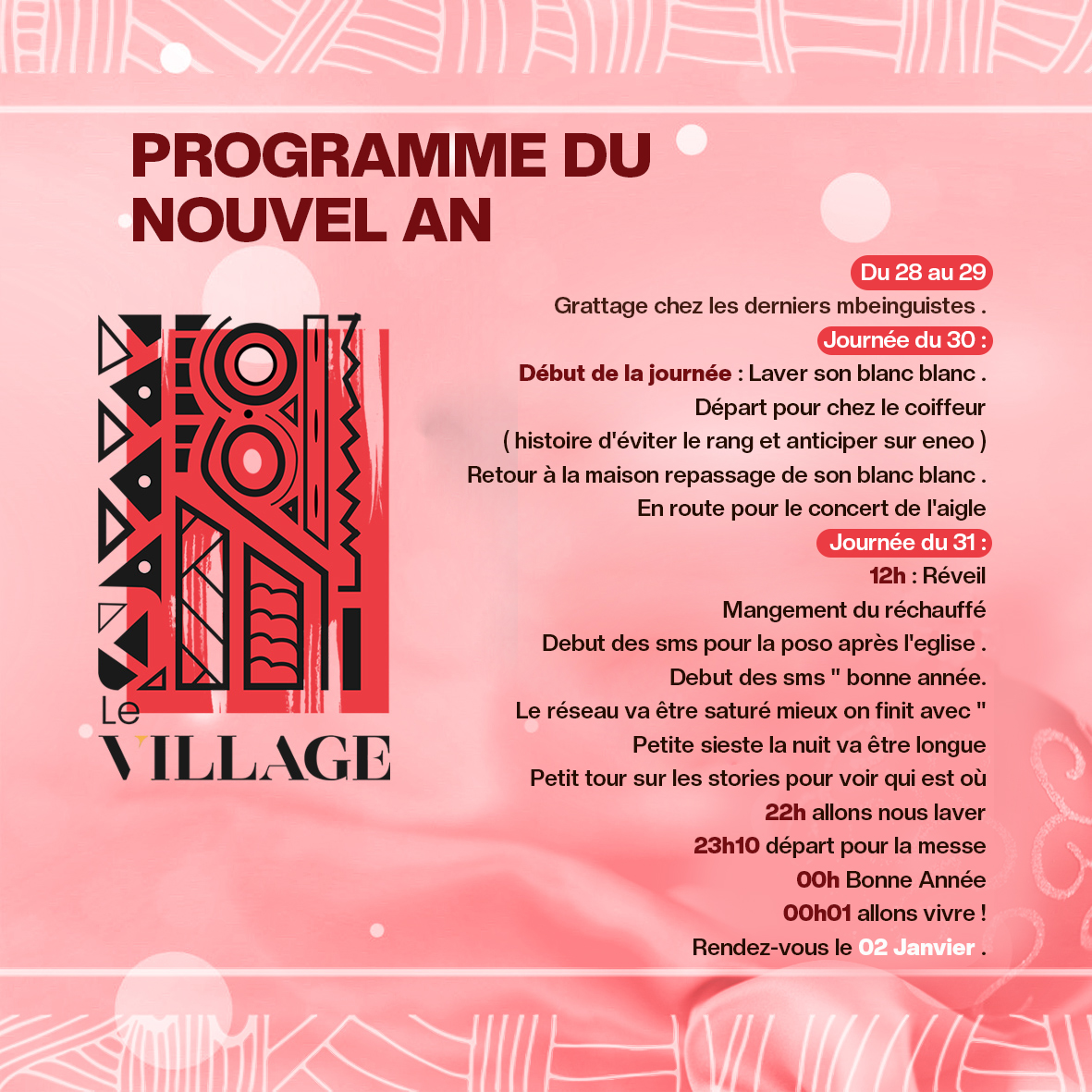 Venez ohhh Venez ! Le programme est sortie. Janvier qui va donner on prépare ça bien .
#Programmeduboué #OnMangechezqui #LeVillage