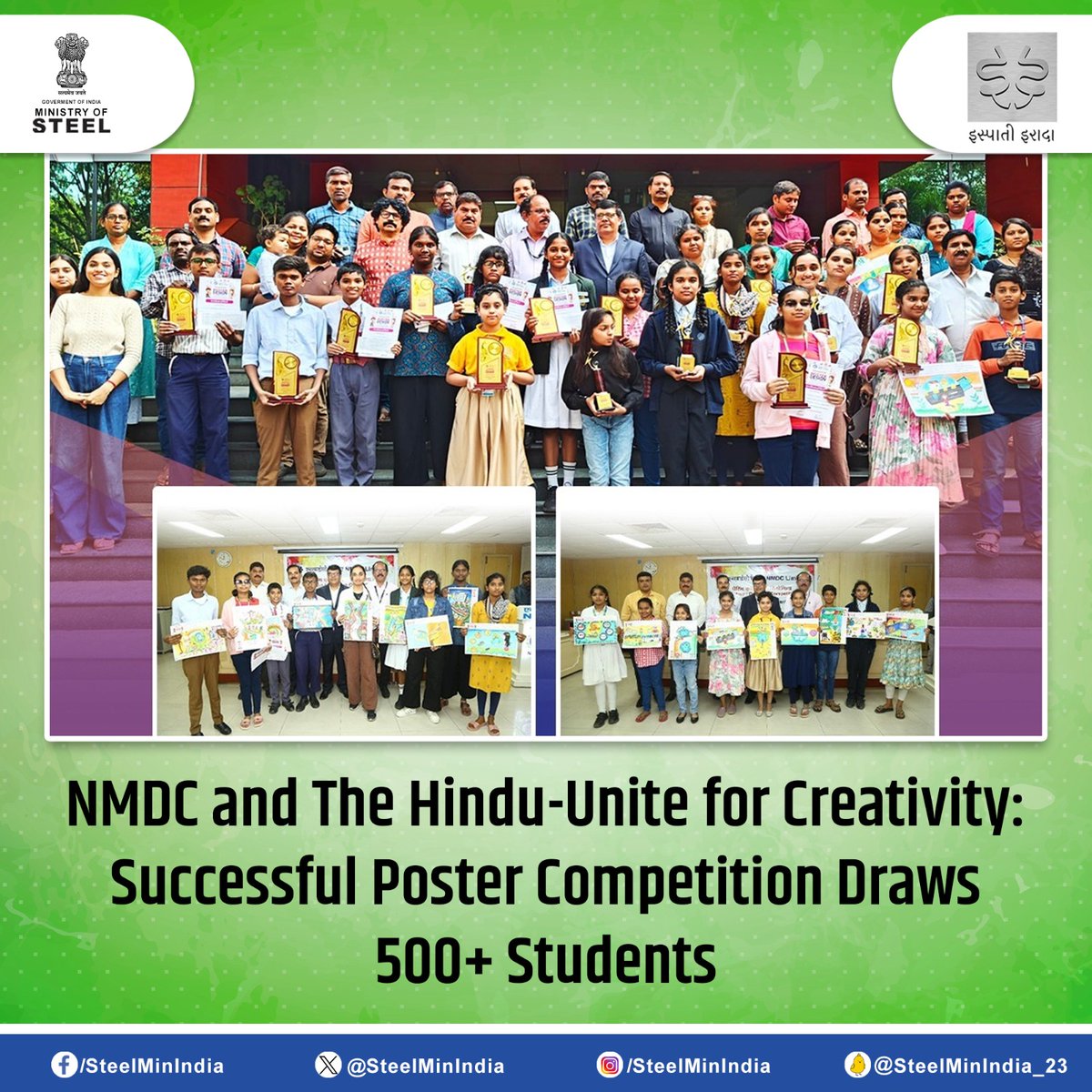 #NMDC joins hands with #TheHindu for a #PosterCompetition, engaging 500+ students from 72 schools. Kudos to the winners! Shri Satyendra Rai, Executive Director (P&A), applauded their efforts in promoting Swachhata.🎨🏆

#NMDCPosterCompetition #SwachhataEfforts
