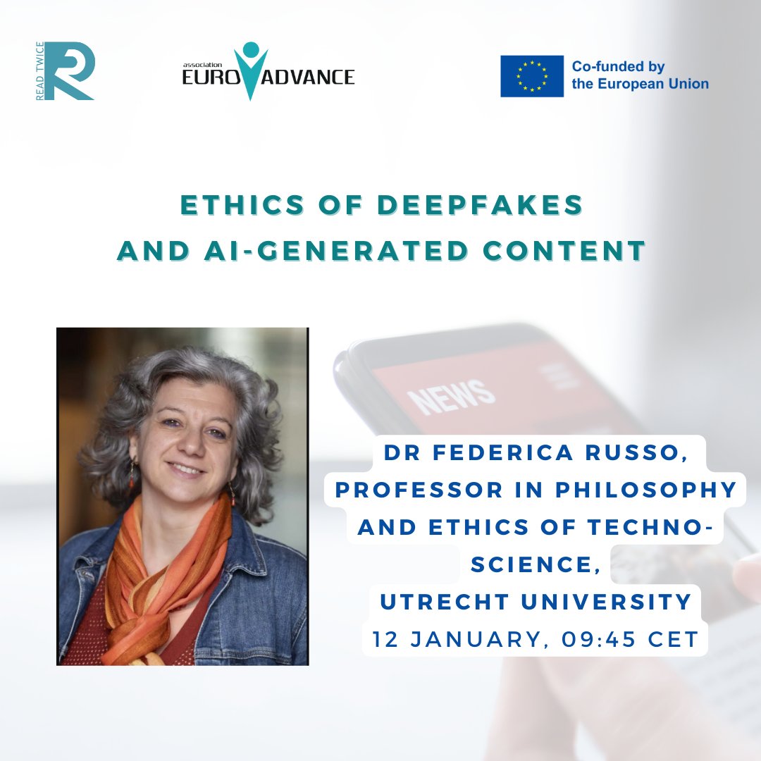 📢Dr. Federica Russo will take part in a webinar on the usage of digital tools for detecting #disinformation.
Save the date 12th January, register and learn about  the challenges of #deepfakes and #infodemics.
➡️Read more:bit.ly/41zhOXi
➡️Register:shorturl.at/mrGW6