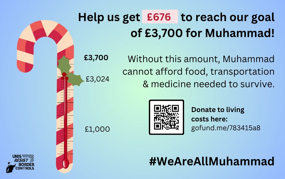 While @UnisNotBorders is taking a much needed rest period, we can't rest until Muhammad reached his target goal of £3,700. 🚨Muhammad is only £676 away from his target goal. Money raised helps Muhammad with his daily survival as he battles the Home Office to remain in the UK.