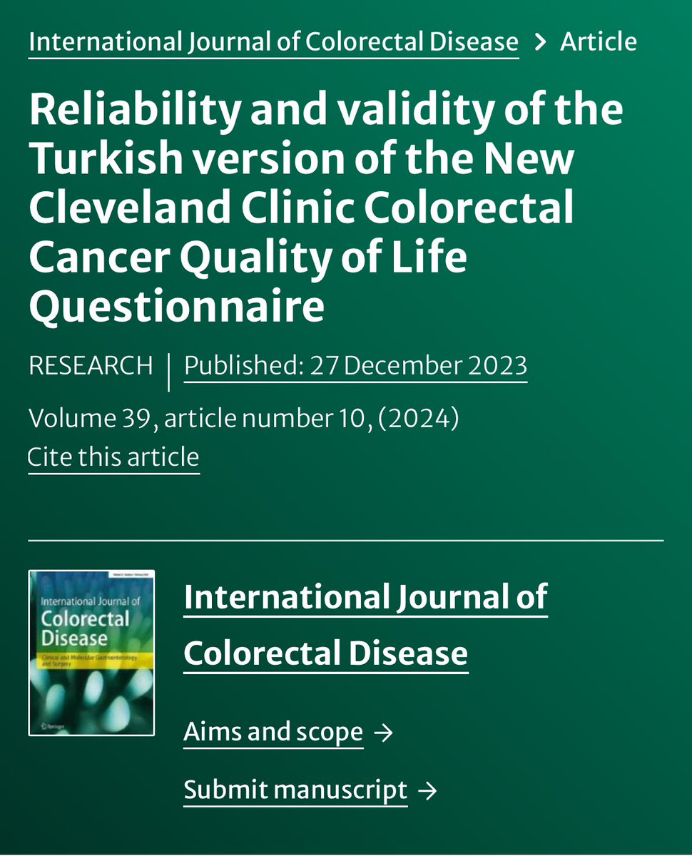 SezaiLeventoglu's tweet photo. New pub: Reliability and validity of the Turkish version of the New Cleveland Clinic Colorectal Cancer Quality of Life Questionnaire 

We close the year with our last article...

@TKRCD_ @escp_tweets @ASCRS_1 
#SoMe4Surgery 
@AhmetRencuzMD @EmreBalikMD @SezaiLeventoglu @cihangirakyol @ibrahimozatamd @BisginTayfun @AyiseKaradag 

https://t.co/3irktydZNK