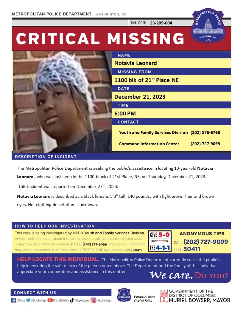Critical #Missing 13-year-old Notavia Leonard was last seen in the 1100 block of 21st Place, NE, on Thursday, December 21, 2023. 

Have info? Call (202) 727-9099 or text 50411.