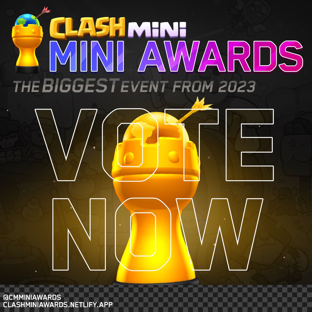 THE TIME HAS FINALLY ARRIVED!

⭐️clashminiawards.netlify.app/vote⭐️

VOTE NOW in your favorite creations for 1 WINNER per category at the Mini Awards 2023!

#ClashMini #ClashMiniAwards2023 #MiniAwards2023 <a href="/ClashMini/">Clash Mini</a>