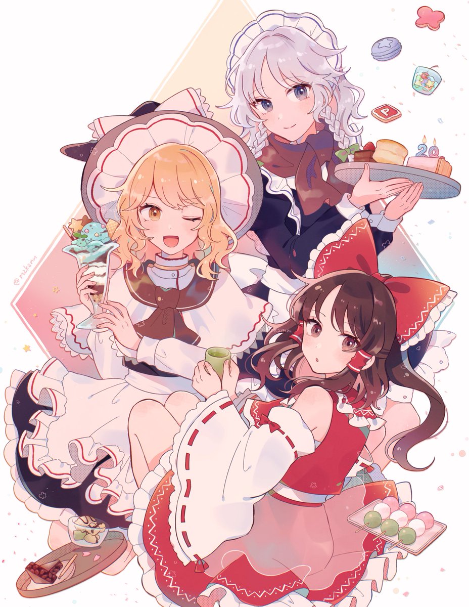 博麗霊夢 ,十六夜咲夜 ,霧雨魔理沙 「今年もいっぱい描きました!! #今年も残りわずかなのでお気に入りの4枚を貼る 」|もずくず🐘例大祭う34bのイラスト