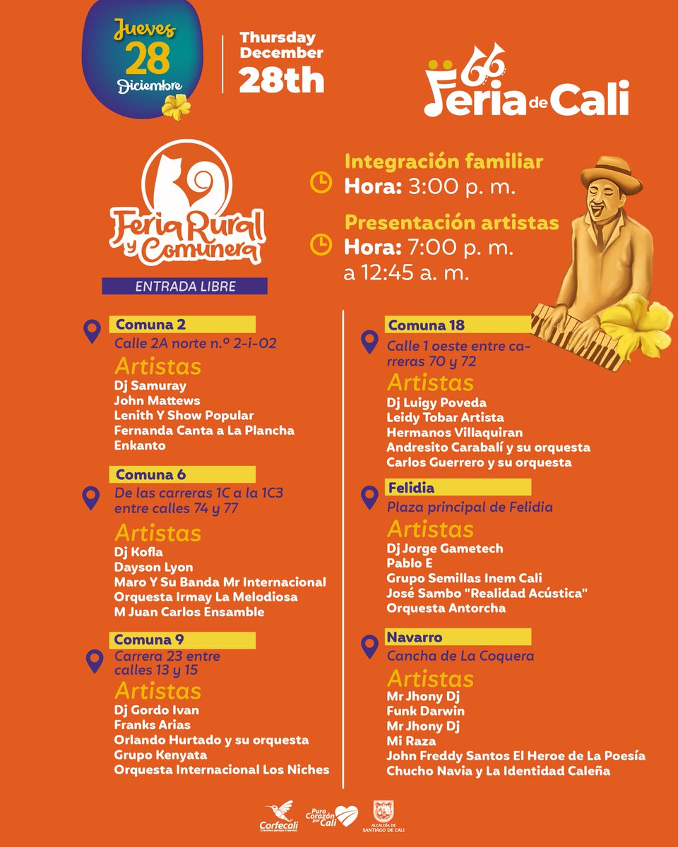 Agéndate para gozar que seguimos de fiesta. 💃🏼

Cuarto día la #FeriaDeCali2023 y tenemos muchos eventos para todos, desde los más pequeños hasta los amantes de la rumba y el sabor. Te compartimos la programación del día: 👇🏼