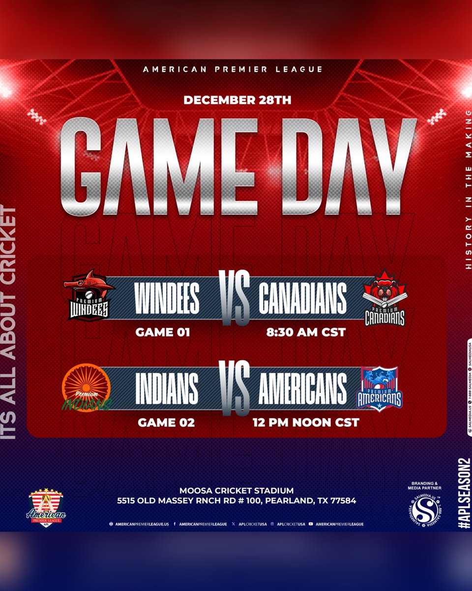 Get ready for an electrifying Game Day in the American Premier League - Windies take on Canadians, followed by a thrilling match between Indians and Americans📷📷📷

Branding &amp; Media Partner <a href="/salmediausa/">Sal Media</a>

Our website: americanpremierleague.us

#apl #cricketfever #aplseason2
