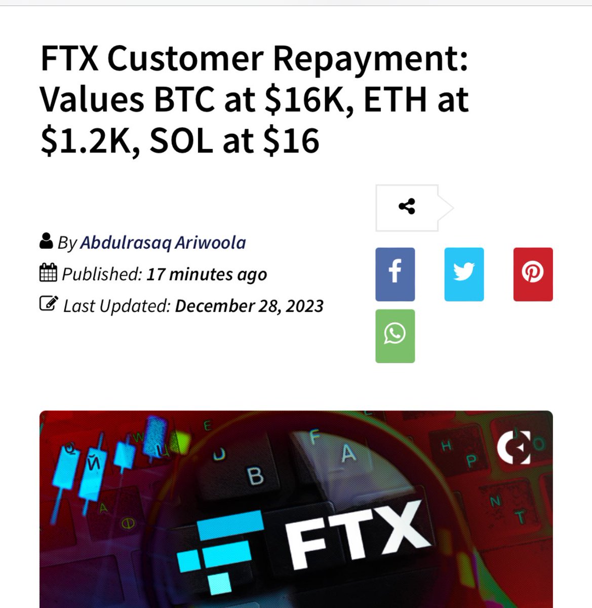 FTX plans to pay back customers crypto but at the price they were when they  went bankrupt Bitcoin was 16k Ethereum was 1.2k Solana was $16