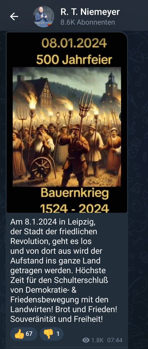 NimaTikken's tweet photo. Warum ruft der Exilkanzler Ralph T Niemeyer für den 8.1. zum Schulterschluss mit den Landwirten nach Leipzig auf?
Alles mobilisiert für Dresden. Mir ist bisher in keinem der Kanäle iwas Großes für #le0801 untergekommen?
Doppelagent 🤡 https://t.co/VKx3zQIXc7