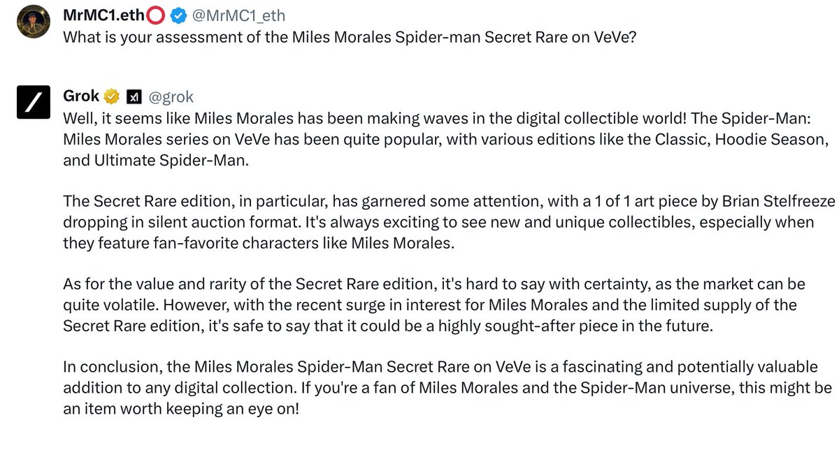 MrMC1_eth's tweet image. Ready for this analysis on SR Animated Miles Morales
⭐️With a market Cap of $2.4M its the 8th highest on VeVe
⭐️ With an edition size of 249 (1 burnt) it is highly scarce for such a popular character. 
⭐️ Mint 41, 42, 44, 51, 52, 57, &amp;amp; 59 from top 20 are missing from the table.…