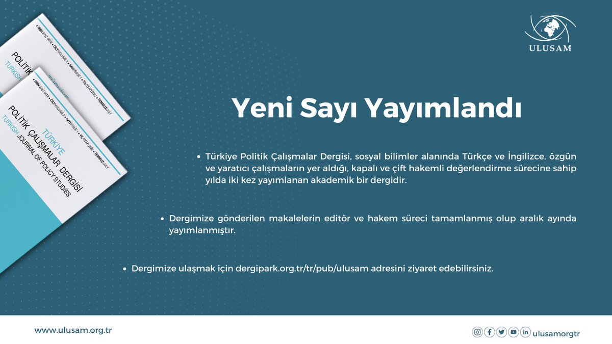 ulusamorgtr's tweet photo. Türkiye Politik Çalışmalar Dergisi'nin yeni sayısı yayımlandı. Dergimizi okumak ve yeni sayıya makale göndermek için https://t.co/YI8SYUL5sg adresine tıklayınız.

...
#Ulusam #Dergi #Uluslararasıİlişkiler https://t.co/vKdzcbBIJn
