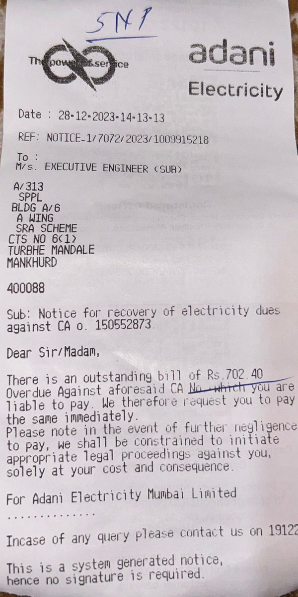 YShekhawt's tweet photo. @Adani_Elec_Mum dear team what kind of services you all are providing, I have received a notice for any outstanding but no month mentioned no bill details. 
My all payments are paid on time and no outstanding is showing in any bill then how I have received a notice.

Please check https://t.co/fU3XqPevuH