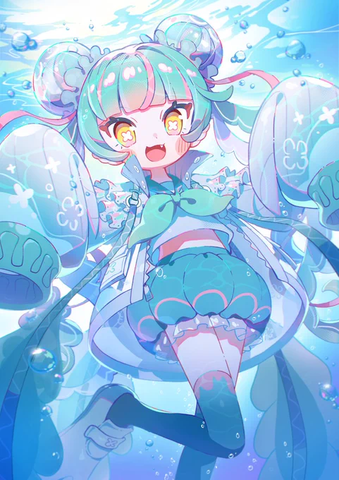#自分で自キャラのグッドデザイン賞を主張するやっぱり代理のJellygaoちゃん!好きなものをつめこんでいい感じにまとまった気がする・ミズクラゲ・お団子ヘアー・制服/ジャケット・ターコイズブルー/ピンク 