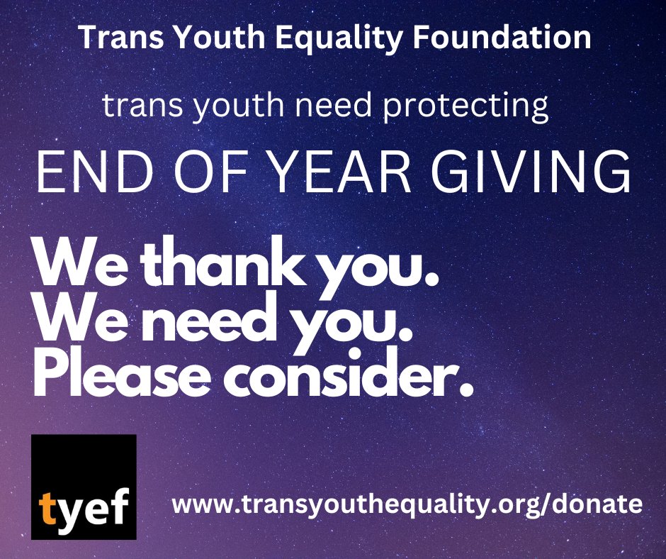 We need all our allies to consider giving at this time. This will help us sustain our work, support our summer camp, provide funds to our emergency fund for kids in dire need, train schools and professionals, attend conferences.Thank you. contact@transyouthequality.org/donate