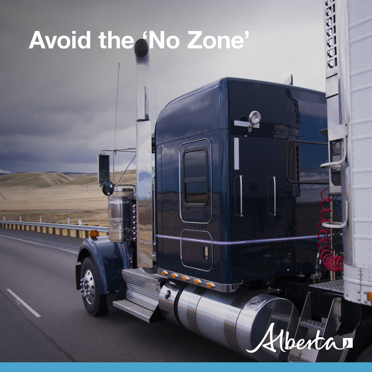 ABTransComm's tweet photo. If you can’t see the driver of a large truck, they can’t see you either! Avoid blind spots and driving too close large trucks. #drivingtips #NoZone #ABRoads #DriveSafe #RoadSafety https://t.co/6i84lm9LBT