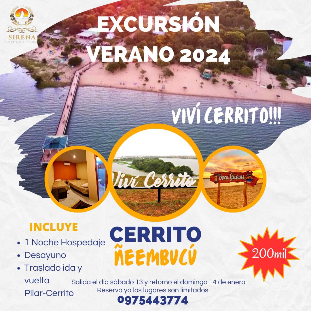 BarSirena's tweet photo. Estás organizando tus vacaciones❔Aprovecha esta excursión a la Capital del verano🔥 Cerrito Ñeembucú
Salida de Pilar Sábado 13 de enero
Retorno el día domingo 14 de enero
Precio: 200.000 Gs con seña de 100mil
Incluye:
- 1 noche de hospedaje en Posada Sirena desayuno incluido https://t.co/3aaZC9Dtsm
