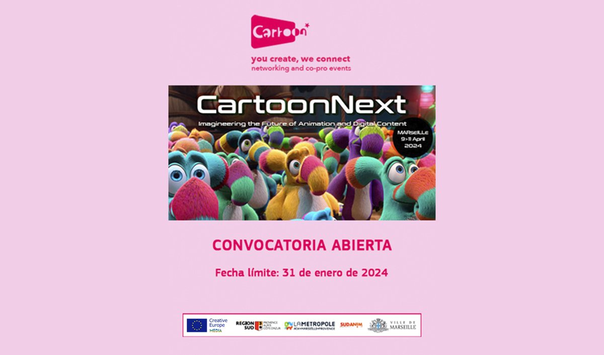 OficinaMEDIAEs's tweet photo. Cartoon Next de @CARTOON_media tiene abierta su convocatoria para proyectos de #animación en desarrollo para marca cross-media o multiplataforma.  

Fecha límite (con proyecto): 31 de enero de 2024. 
Más información > https://t.co/uTFLRKbKKK 
#CartoonNext https://t.co/mnVt8IqY7K