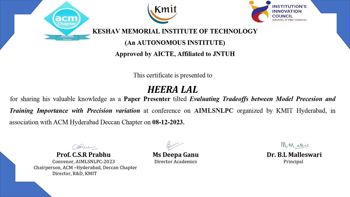 heera_ai's tweet photo. 🌟 Delighted to announce my paper presentation at AIMLSNLPC conference! 📝 Explored the delicate balance between model precision and training performance with Dr. Akansha &amp; Sushnata. Huge thanks to @reliancejio, KMIT Hyderabad &amp; ACMHDC for the platform. Exciting strides in #AI. https://t.co/o3WG9i0tKy