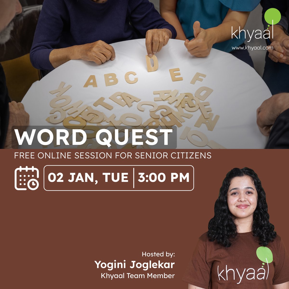 KhyaalFamily's tweet photo. Word puzzle enthusiasts, this one's for you! Challenge yourself and enjoy solving word puzzles. Attend this session if you are above the age of 55 years or share it with an elderly loved one.
#WordQuest #SeniorCitizens
To attend in our exclusive sessions:
๐ฑ Download the app : https://t.co/Iau4hSj4M1
๐ Call us at +91 6901768869