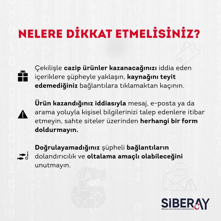 SiberayEGM's tweet photo. 🎁🚘📱Yılbaşında çekilişle araba, telefon vb. ürünler verileceğini iddia eden asılsız içeriklere ve sahte linklere DİKKAT⚠

🔗Şüpheli bağlantılara tıklamaktan kaçının.

❌💳Kişisel/ finansal bilgilerinizi paylaşmayın, herhangi bir form doldurmayın.

#SİBERAYUyarıyor
#SİBERAY🌙 https://t.co/Q1mo85gxl8