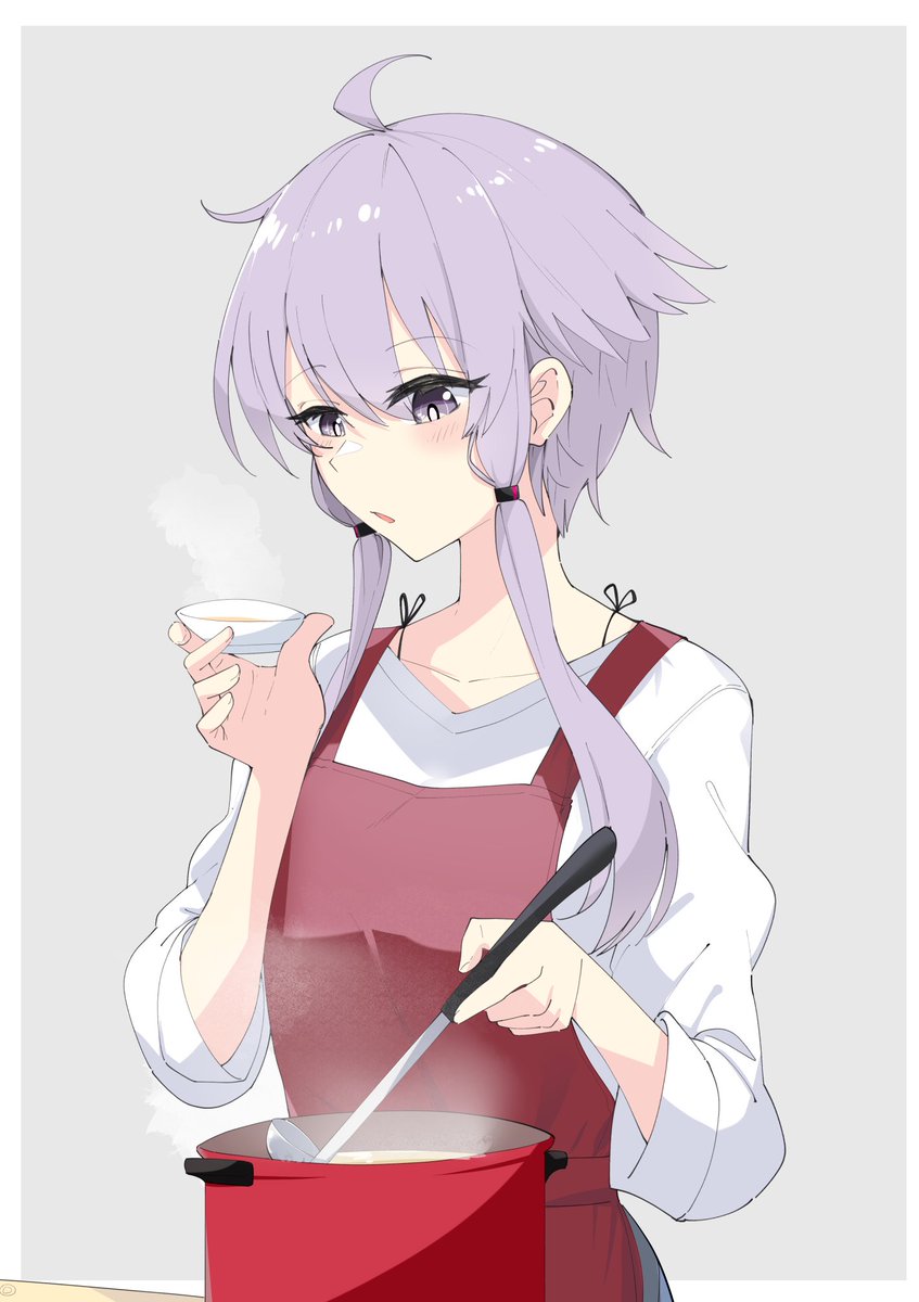 yuzuki yukari 1girl solo holding ladle steam ladle purple hair purple eyes  illustration images