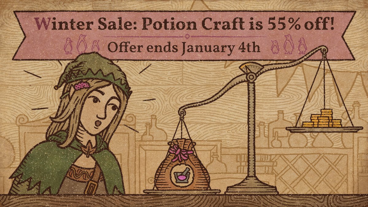 The #SteamWinterSale is on for one more week – #PotionCraft is 55% off! If you've been enjoying your journey down the Alchemist's Path, consider gifting the game to a fellow aspiring alchemist! Offer ends January 4th: store.steampowered.com/app/1210320/Po…