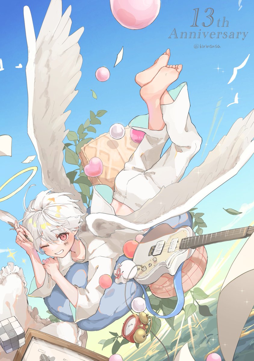 male focus 1boy wings white hair instrument guitar one eye closed  illustration images