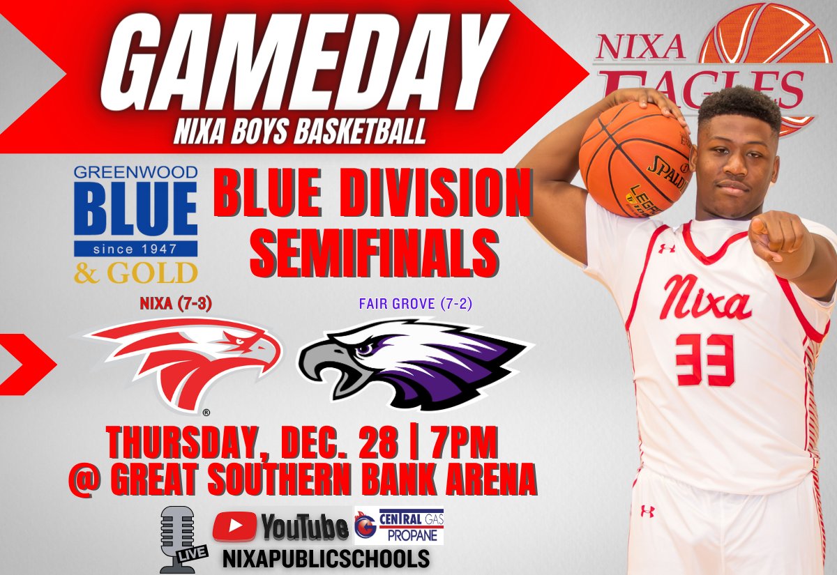 nixaathletics's tweet photo. 🏀 #GAMEDAY 🏀

@NixaBBasketball competes in the semifinals of the @greenwood_BnG, seeking a berth in its 2nd straight Blue and Gold title game.

🆚 Opponent: No. 5 Fair Grove
⏰ Game Time: 7pm
📍 Location: MSU - GSBA
🎙️ Live Audio Link (YouTube): https://t.co/IOa0uBViHR

Go, Eagles! 🦅
