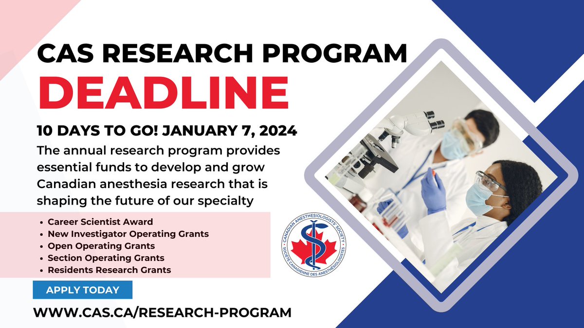 CASUpdate's tweet image. Just 10 days left! The CAS Research Program deadline is fast approaching - don&apos;t miss out on the opportunity to apply. 

Full descriptions and application details are available at cas.ca/research-progr…

#anesthesiaresearch #researchprogram