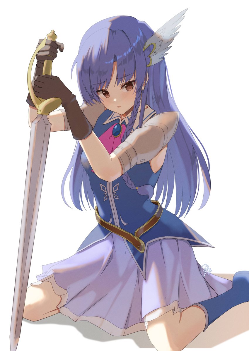 kisaragi chihaya 1girl weapon solo sword gloves long hair blue hair  illustration images