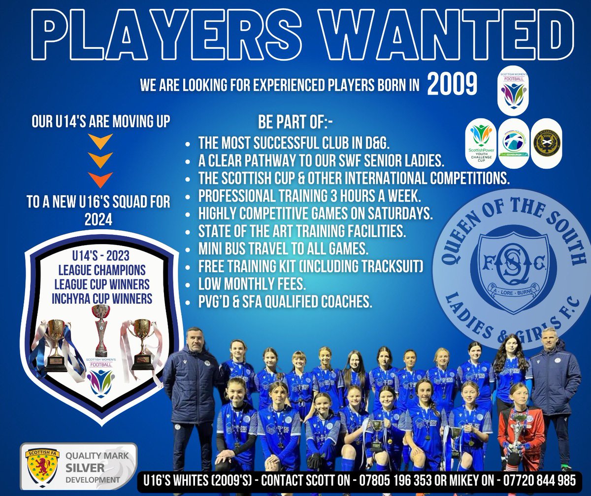 QoS u16’s Whites (2009 team) are still looking for a couple of players who fancy a new challenge playing with a great bunch of talented players.

We train between 6.00pm-7.30pm on Tuesdays &amp; Thursdays @ North West Community Campus.

Interested message  07805 196 353
