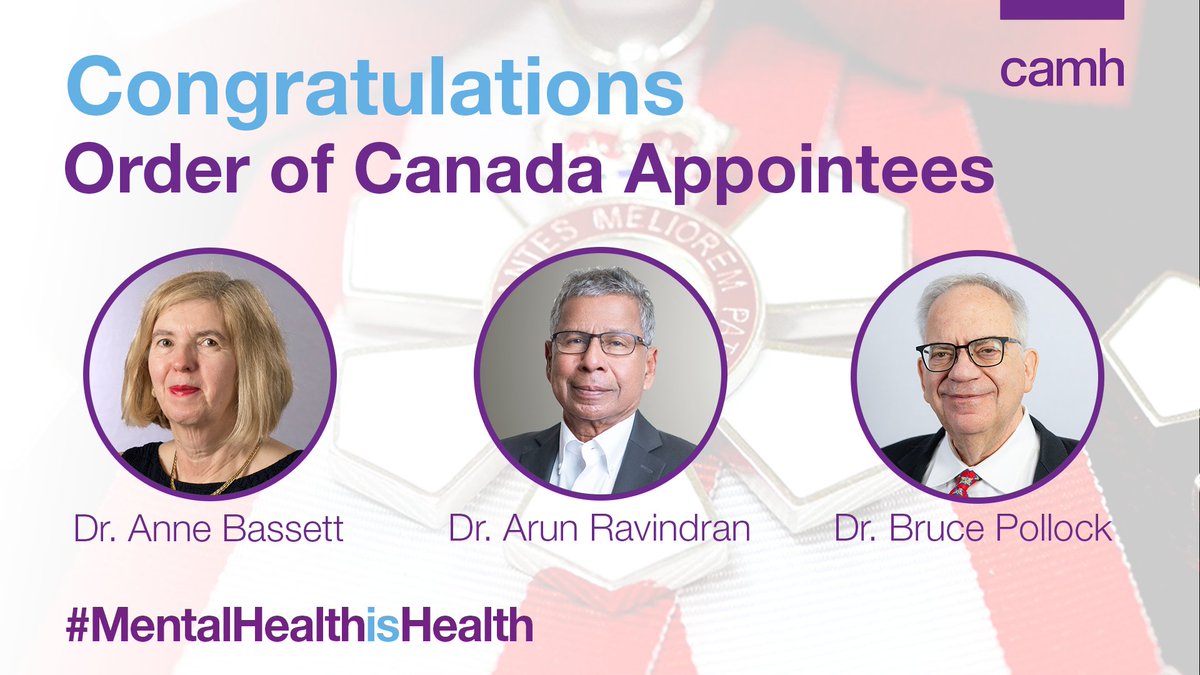 We are proud and excited to announce three appointed Order of Canada Members at CAMH: Dr. Bruce Pollock, Dr. Anne Basset and Dr. Arun Ravindran! 🎉

The #OrderOfCanada is presented by <a href="/GGCanada/">Governor General of Canada</a> to individuals who make extraordinary contributions to #Canada. 

#GGHonours