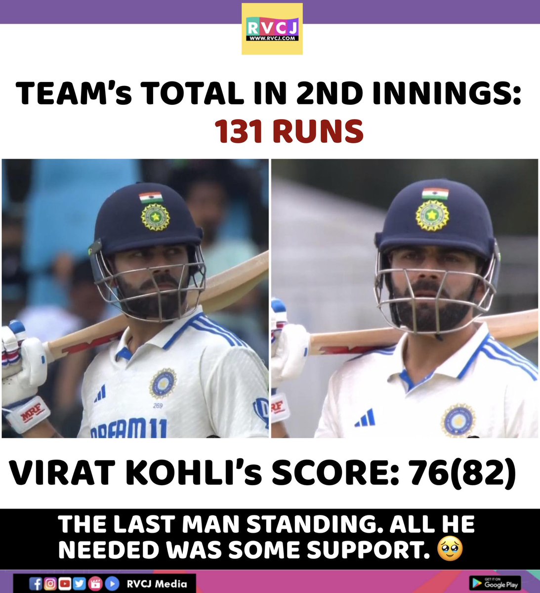RVCJ_FB's tweet photo. The Lone Warrior Innings by King Kohli 👑🔥🐐 https://t.co/CNUXQhdUsL