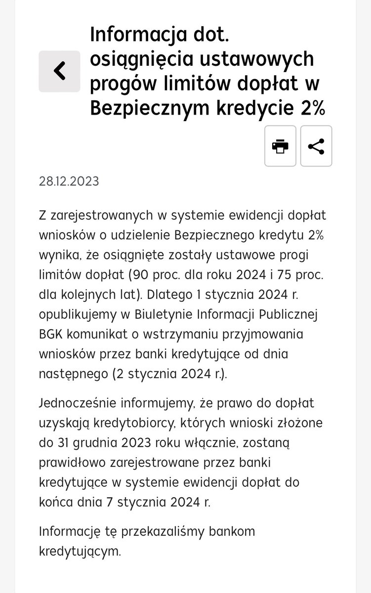 Nieco wcześniej niż pierwotnie zapowiadano #BGK ogłosił, że 1 stycznia 2024 opublikuje komunikat o wstrzymaniu przyjmowania wniosków w ramach BK2%. Oznacza to faktyczne wstrzymanie od 2 stycznia, choć część banków deklaruje wcześniejszy termin. Wnioski można rejestrować do7.01.24