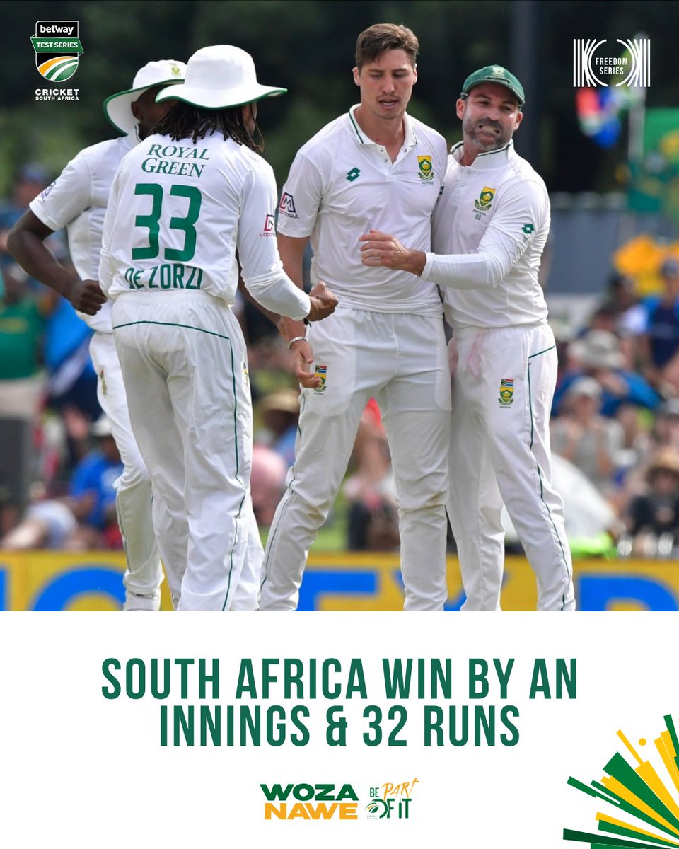 ProteasMenCSA's tweet photo. 🇿🇦THE PROTEAS LEAD THE FREEDOM SERIES 

A mammoth all-round effort from the Proteas to take a 1-0 lead in the #Betway Test Series🇿🇦🇮🇳 

What a victory by the boys 💪😅

The Final Frontier Continues 😎

#WozaNawe #BePartOfIt #SAvIND https://t.co/MFWVAgphxS