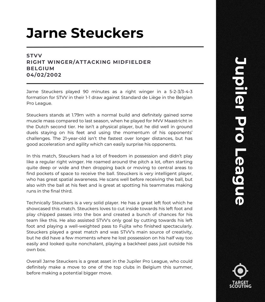 Jarne Steuckers (RW, 02, 🇧🇪) played 90 minutes for STVV in their 1-1 draw against Standard de Liège in the Belgian Pro League.  

Read <a href="/JosseVB/">Josse van Bakel</a>'s thoughts here 👇