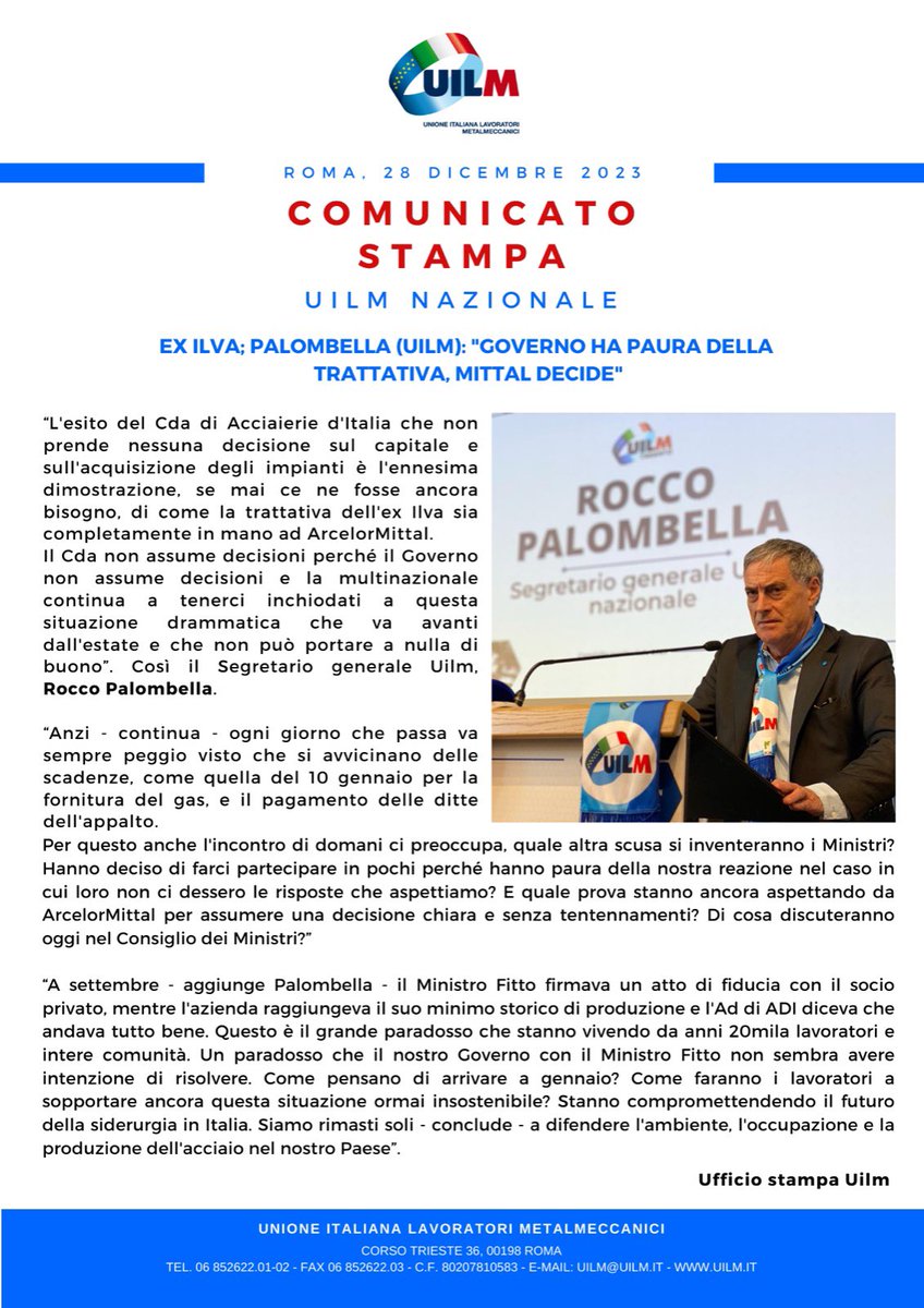 #ExIlva; <a href="/RoccoPalombella/">Rocco Palombella</a> (#Uilm): "Governo ha paura della  trattativa, Mittal decide" 👇