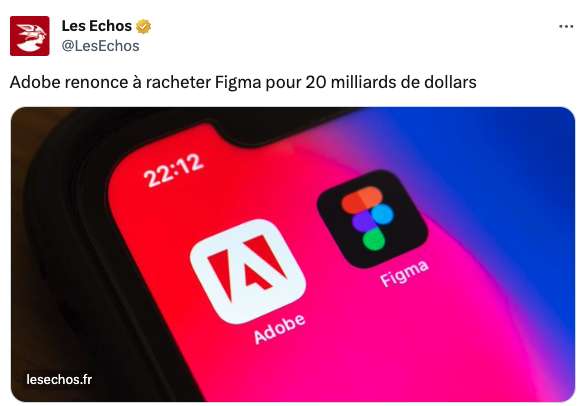 Adobe et Figma, c'est fini avant d'avoir commencé 😲"Face aux contraintes de la concurrence, #Adobe se retire du projet d'achat de #Figma. Une décision réfléchie dans un contexte de régulation accrue."