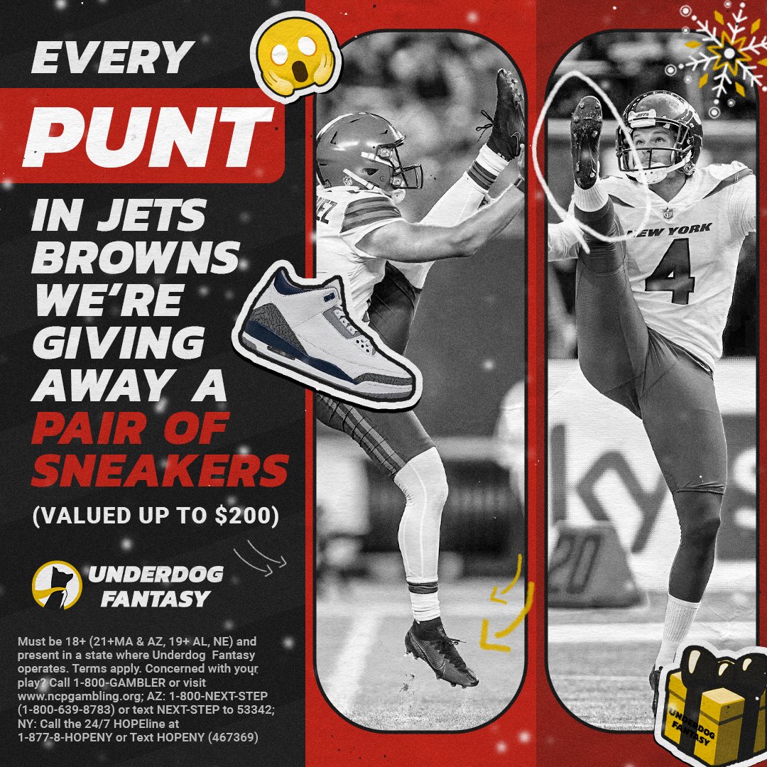 Surprise SZN Day 14 🎁

Let's make Thursday Night Football interesting...

For every punt in the Jets Browns game tonight, one person who reposts this and replies with #UnderdogPicks will win a pair of sneakers 👟